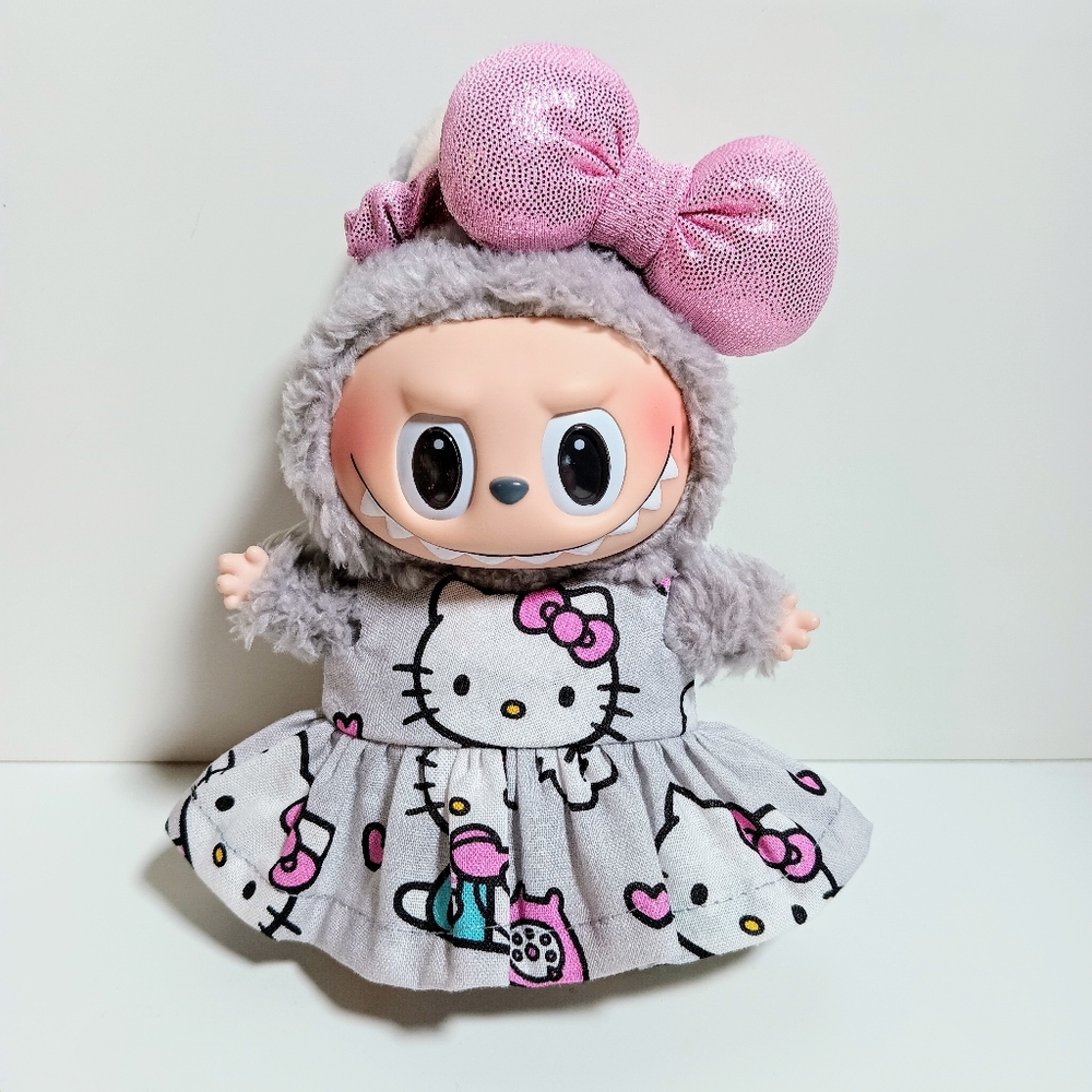 Custom Hello Kitty Dress and Metallic Bow Made to fit Labubu